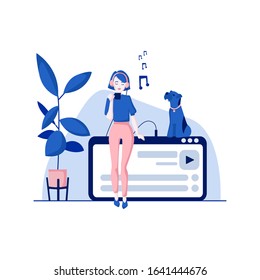 Girl listening music with dog. Modern flat illustration.