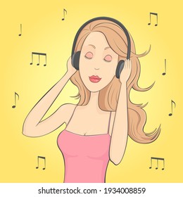 Girl listening music in headphones. Cartoon. Vector illustration.