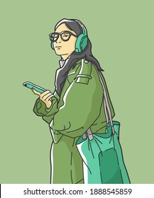 girl is listening to music with headphones. hand drawn style vector design illustrations.