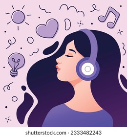 A girl listening to music with headphones. Minimalist portrait of smiling relaxed young woman. Cartoon vector illustration for podcasts,  meditation, poster, banner, cover. Simple trendy flat style