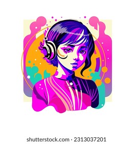 Niña escuchando música con auriculares. Ilustración vectorial, se puede usar como mascota, promoción para marcas, ofertas de temporada, etiquetas de libros de música y audio.