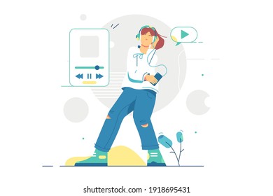 Girl listening to music in headset vector illustration. Teenager enjoy music on cool smartphone device flat style. Song playlist on mobile screen. Music and joy concept. Isolated on white background