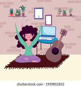 girl listening music at home