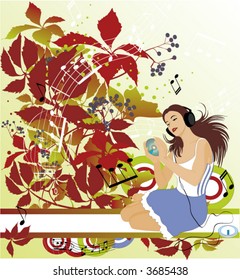 girl listening to music on floral background - vector