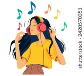 Girl Listening to Music on Headphones, Feeling the Melody -Eliciting Musical Joy and Sensory Delight. Harmonious Bliss. Flat Vector Illustration 