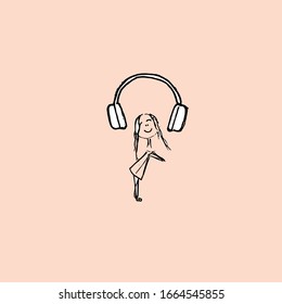 Girl listening to music on headphones, hand-drawn concept on a pink background