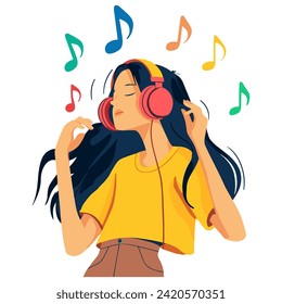 Girl Listening to Music on Headphones, Feeling the Melody - Eliciting Musical Joy und sensory Delight. Harmonischer Bliss. Flache Vektorgrafik 