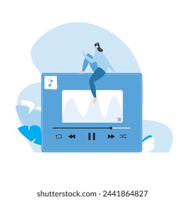 girl listening music on mobile, concept of online music entertainment, music app Vector audio player and online broadcast