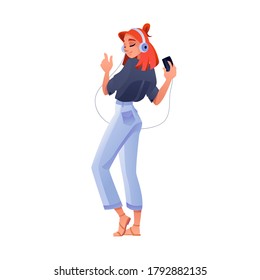 Girl Listening Music On Smartphone In Headphones Or Earphones, Vector Flat Isolated. Young Teenage Girl In Earphones Listen To Music On Mobile Phone Player, Smile And Dance In Enjoy