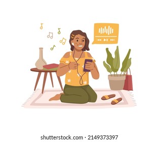 Girl listening music on smartphone using headphones. Vector flat cartoon character enjoying tablet or mobile phone, recreation and leisure for teenager. Resting and relaxing female kid