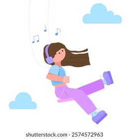 girl listening to music on swing relaxing and enjoying flat design illustration