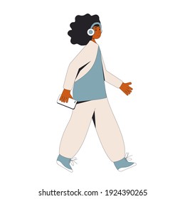 Girl listening to music, podcast, audiobook, lecture. Young african american woman with phone and headphones isolated on white background. Audio chat. Online conference. Vector color illustrator.