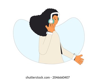 Girl listening to music, podcast, audiobook, lecture. Young woman with headphones portrait. Vector color illustrator.