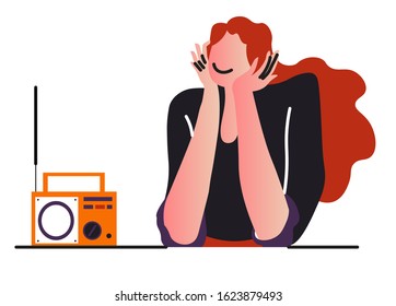 Girl listening to music or radio broadcast on record player isolated female character vector. Melody and song playing, retro device with antenna. Woman sitting at table enjoys musical composition