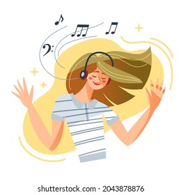 Música femenina escuchando para relajar la ilustración vectorial. Caricatura feliz de personaje femenino usando auriculares para escuchar música relajante con los ojos cerrados, disfrutar de radio o podcast y bailar aislado en fondo blanco