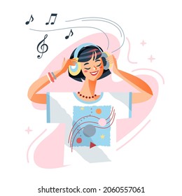 Girl listening music to relax vector illustration. Cartoon happy female character using earphone to listen relaxing music with closed eyes, enjoy song radio or podcast and dance isolated on white