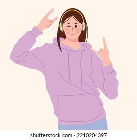 Girl Listening Music with rock hand sign.