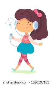 Girl listening to music. Sense of hearing vector illustration. Small happy child in headphones walking in street, holding player in hand. Joyful cute smiling kid at childhood.