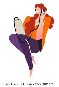 Girl listening to music with smartphone and headphones, isolated character vector. Melody or song playing, electronic device and gadget, wire earphones. Woman sitting enjoys musical composition