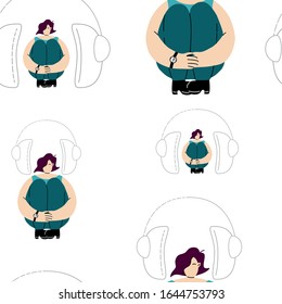 Girl is listening the music through the huge headphones. Seamless vector pattern. Bodypositive background