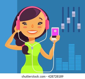 Girl listening to music. Vector flat cartoon illustration