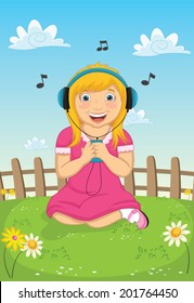 Girl Listening Music Vector Illustration