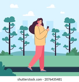 Girl listening to music, walking down street or in city park. Happy young woman with headset holding phone in hands, enjoying sound flat vector illustration. Outdoor walk, youth, music concept