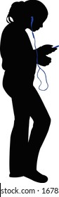 girl listening music and walking, silhouette vector