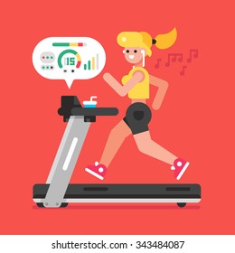 Girl listening to music while running on treadmill. Vector flat illustration.