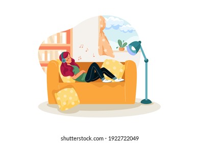 Girl listening music while sleeping on couch Vector Illustration concept. Flat illustration isolated on white background.