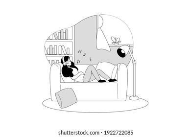 Girl listening music while sleeping on couch Vector Illustration concept. Flat illustration isolated on white background.