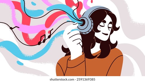 Girl listening to music. Young happy woman in headphones. Female in head phones, smiling and enjoying favorite tune, song, melody, playlist. Calm relaxing sound track, audio. Flat vector illustration