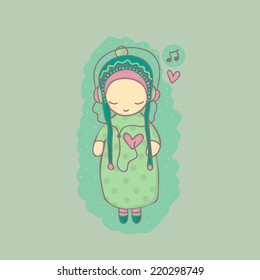 Girl listening to music of your heart on headphones. Vector concept illustration