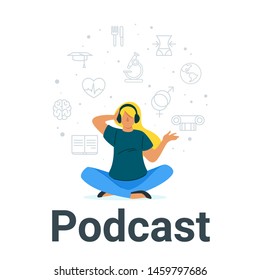 Girl listening to podcast flat vector illustration. Blond-haired woman in headphones meditating cartoon character. Teenager listening to music, internet audio lesson in earphones