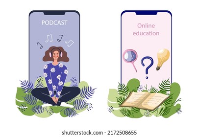 Girl listening podcast. Listening to meditation music. ASMR. Distance lessons, video courses, internet classes.
