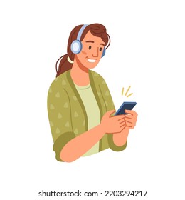 Girl listening to podcast or music on smartphone. Woman wearing headphones and using phones for online streaming services. Vector in flat cartoon style