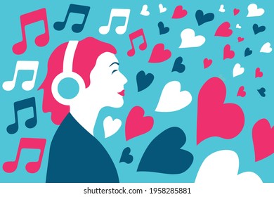 Girl listening to podcast, music, radio, audio book. Using headphones, enjoying her favourite playlist. Flat vector concept illustration. EPS10.