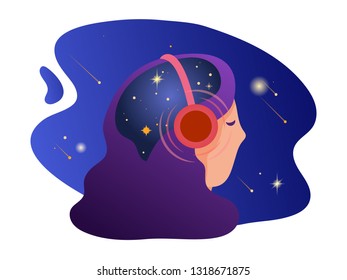 Girl listening to some sounds in headphones, with mind full of stars. Cosmic meditative music concept. Vector illustration modern flat style. Space cosmos background.