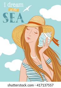 Girl listening sound of the sea in a shell, hand drawn vector illustration for poster, greeting card, invitation, banner.