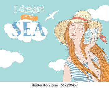 Girl listening sound of the sea in a shell, hand drawn vector illustration for poster, greeting card, invitation, banner.