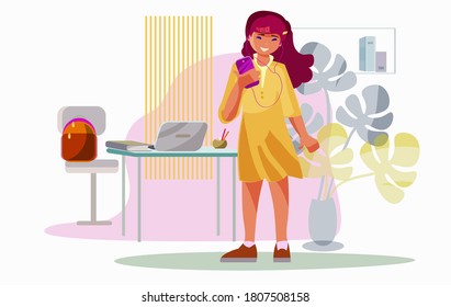 The girl listens to the iPhone through headphones in the background of the room. Vector illustration