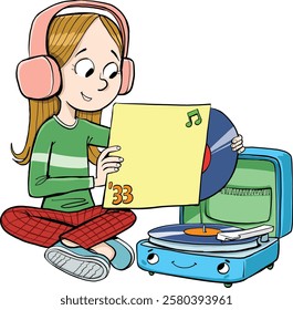 girl listens to an LP record on an old record player