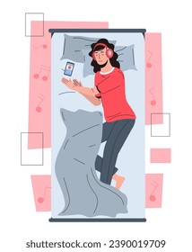 Mädchen hört Musik im Bett. Frau in Kopfhörern mit Smartphone im Schlafzimmer. Spieler mit Lieblingsliedern und Audiodateien, beste Playlist. Ruhe und Entspannung. Cartoon-Flavektor-Vektorgrafik