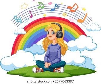 A girl listens to music with colorful background