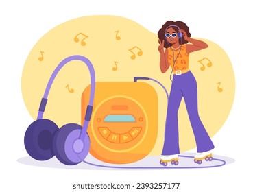 Girl listens to music concept. Woman in trendy and fashionable clothes with headphones and player. Character with favorite playlist and musical audio files. Cartoon flat vector illustration