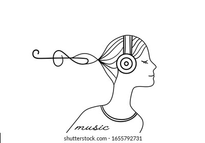 chica escucha música, música lindo logo, perfil de chica en auriculares con fondo blanco, vector