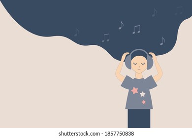 The girl listens to music. Happy kid with headphones on his head. Vector illustration.