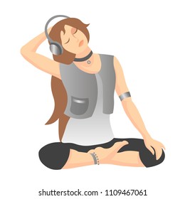 girl listens to music in headphones