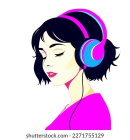 The girl listens to music with headphones. Closed eyes. Music therapy. Profile of a girl with black hair. Vector flat illustration