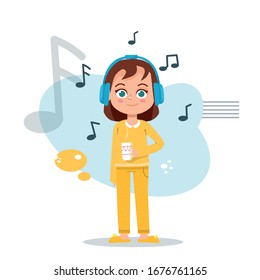 girl listens to music with headphones drinks tea vector illustration
